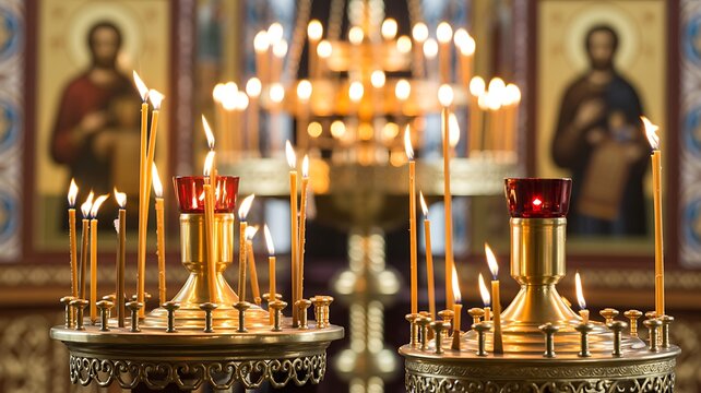 Burning thin wax candles in brass stands inside an orthodox church during a religious service