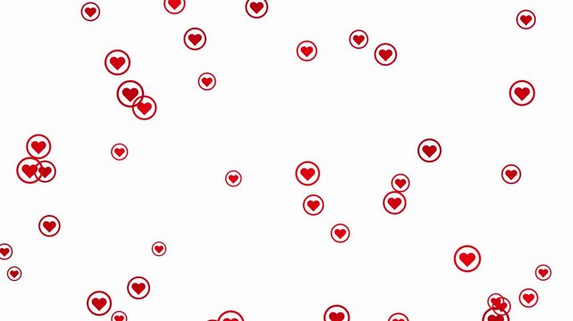 Romantic red hearts floating up on white background. Love social media likes celebration concept. Hearts flying upward animation for valentine's day. Heart particles flying from bottom to top.