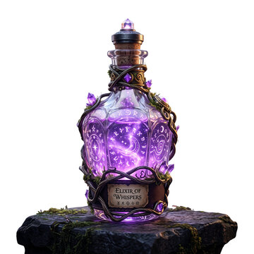 Fantasy magic potion bottle, Elixir of Whispers with glowing purple liquid, mystical glass flask on stone pedestal, enchanted alchemy asset