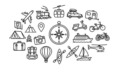 Fototapeta premium Premium travel adventure line icon collection featuring transportation vehicles outdoor exploration tourism luggage navigation and vacation symbols