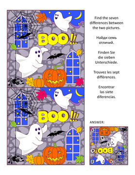 Halloween visual puzzle: Find seven differences between two pictures of little playful ghosts, bats, pumpkins at the castle ruins. Answer included.
