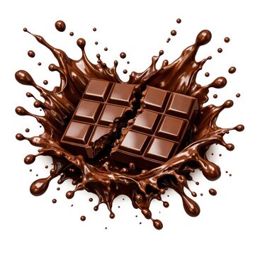 A chocolate bar splashing in melted chocolate on a white background.