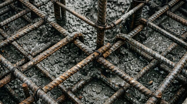 Fresh Wet Concrete Poured into Steel Rebar Frame for Building Foundation Construction