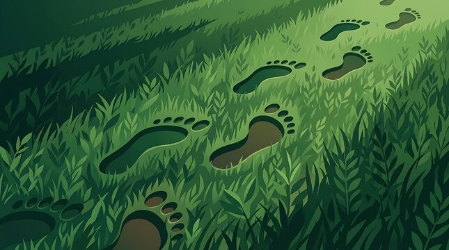 Trail of footsteps in deep green forest floor vegetation