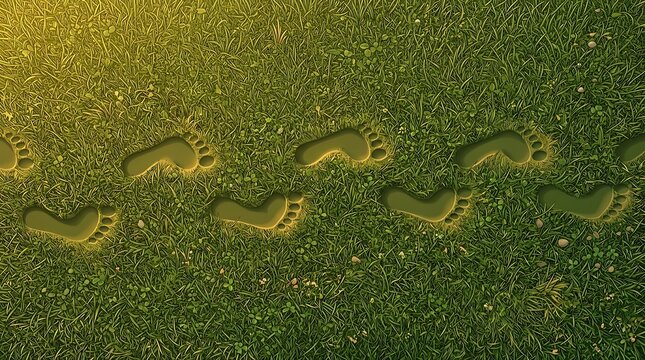 Sequence of human footprints on a flat green lawn surface