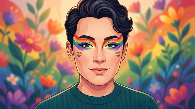 Smiling person with rainbow eye makeup in colorful floral garden