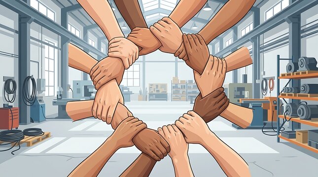 Workers joining hands in a circle inside a factory workshop