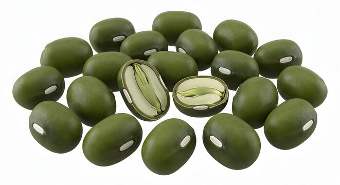 Photorealistic Scientific 3D Render of Mung Bean Anatomy and Internal Structure Isolated on White Background