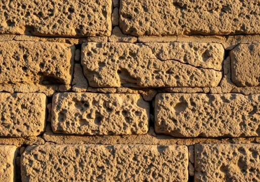 Close-up of an ancient weathered stone wall with rough texture and visible cracks, illuminated by warm sunlight.