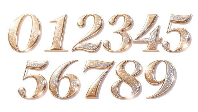 Elegant cursive golden glitter 3D numerals full set 0‑9, luxury sparkly metallic digits font on white background for new year birthday party typography