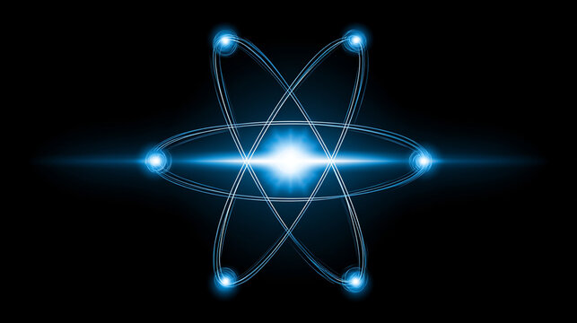 Abstract Glowing Blue Atomic Structure Model With Electrons Orbiting Central Nucleus

