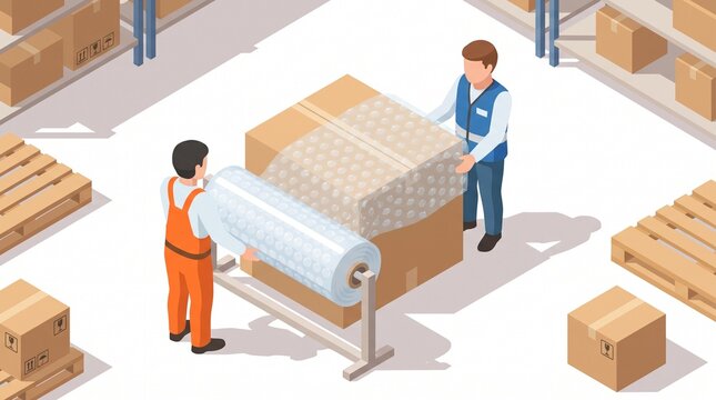 Isometric illustration of two workers wrapping a box with a giant roll of bubble wrap