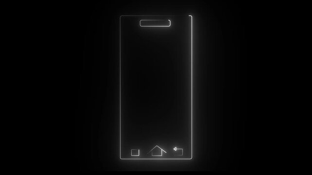 Glowing white neon rotate mobile phone icon animation. Device rotation symbol on black background. 4k video,,,,,