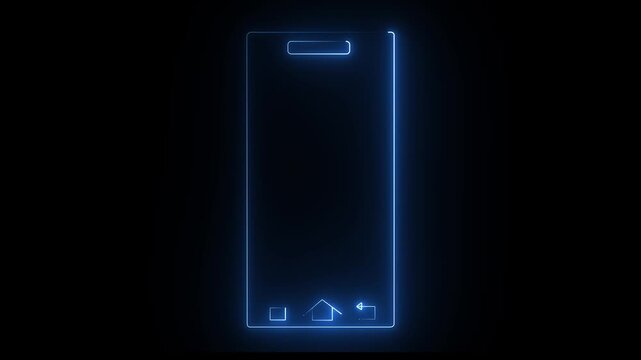 Glowing blue neon rotate mobile phone icon animation. Device rotation symbol on black background. 4k video,,,,,