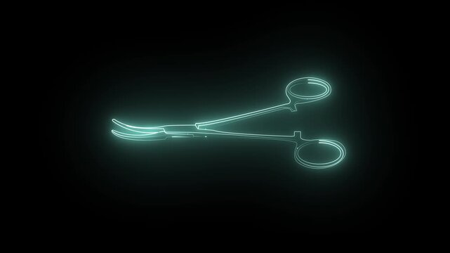 Glowing neon surgical clamp icon animation on black background ,,,,,,,,,,