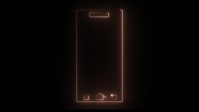 Glowing orange neon rotate mobile phone icon animation. Device rotation symbol on black background. 4k video,,,,,