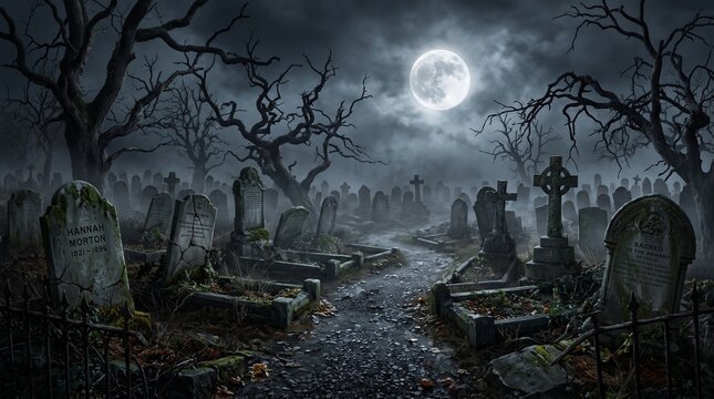 Moonlit Graveyard with Mossy Tombstones and Gnarled Trees
