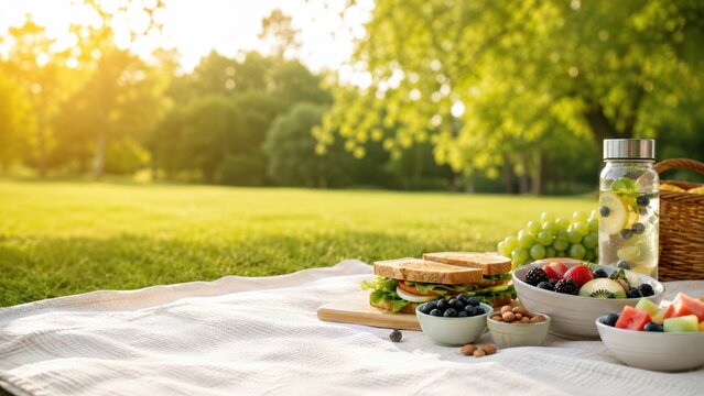 esh fruits, nuts, and infused water on a blanket in a green park.