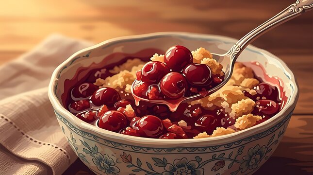 Warm cherry crumble dessert in a decorative bowl