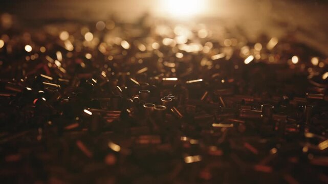 Golden brass bullet casings falling in a large pile on a factory production line with beautiful bokeh effect in slow motion, Thousands of brass bullet shell casings slowly falling onto a large pile,