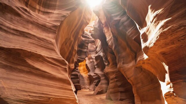 Narrow sandstone canyon with gracefully curving rock walls, glowing amber and crimson layers, intricate textures, breathtaking geological formations, 4K video