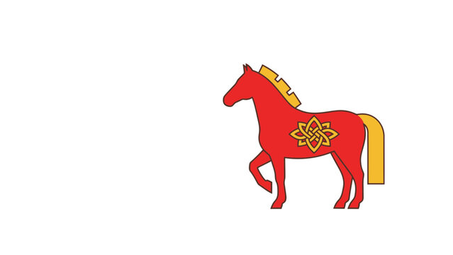 Red horse with golden mane and tail and floral emblem on white background, symbol of strength and freedom