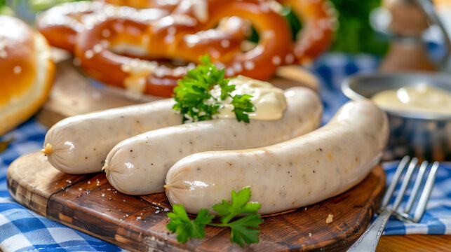 Traditional Bavarian Weisswurst and Pretzels with Upper Copy Space for Oktoberfest Pub Advertising and Food Menus