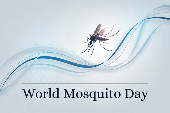 World Mosquito Day awareness banner featuring a detailed close up illustration of a realistic mosquito on smooth blue flowing wave lines and light honeycomb geometric pattern background graphic.