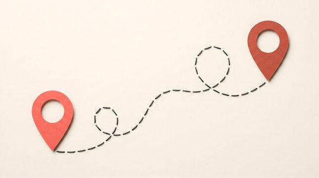 Red paper map markers connected by stitched dashed line showing travel route and physical connection concept