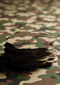 Stack of Camouflage Fabric Swatches on a Matching Patterned Background.
