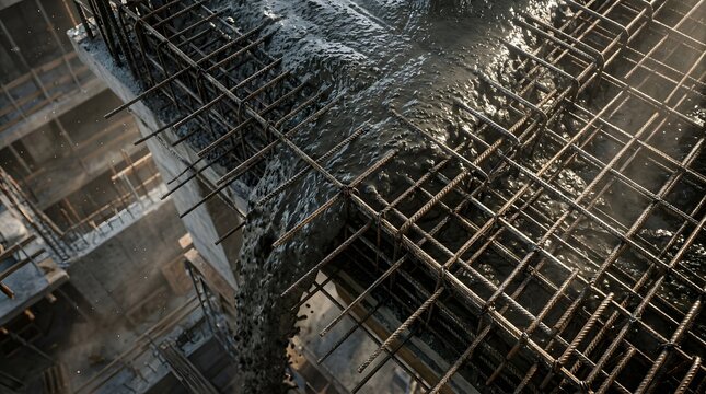 Industrial Construction Site: Pouring Wet Concrete onto Steel Rebar Mesh Foundation
