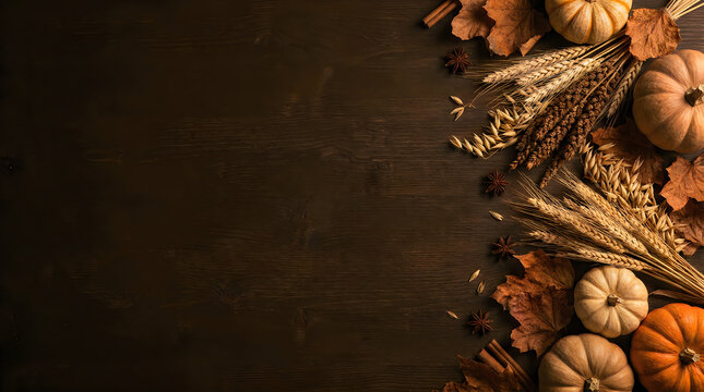 Rustic thanksgiving background featuring orange pumpkins and dried wheat stalks on a dark wooden table surface