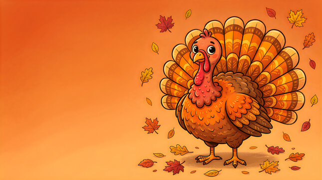 Cute hand drawn illustration of a turkey standing in falling autumn leaves for thanksgiving holiday celebration
