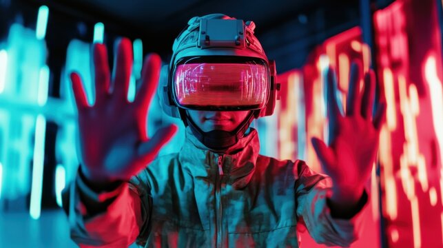 Immersive augmented reality experience in flight school training with holographic displays and neon effects