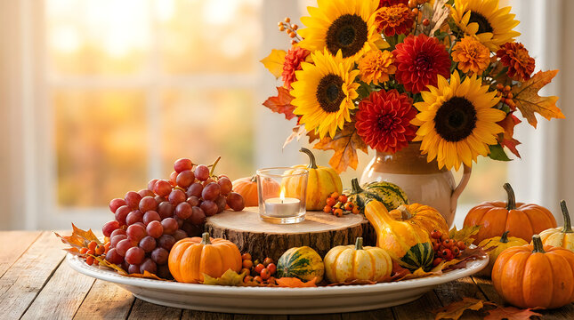 Beautiful thanksgiving table centerpiece featuring fresh sunflowers pumpkins and grapes with warm golden autumn sunlight streaming through