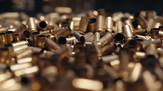 Macro close-up of a large pile of shiny brass spent bullet casings falling in slow motion, Golden empty shell casings from bullets falling onto a reflective black surface in a large pile,