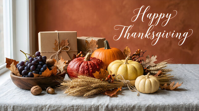 Rustic thanksgiving holiday table setting featuring pumpkins grapes and fall decorations for a festive seasonal celebration