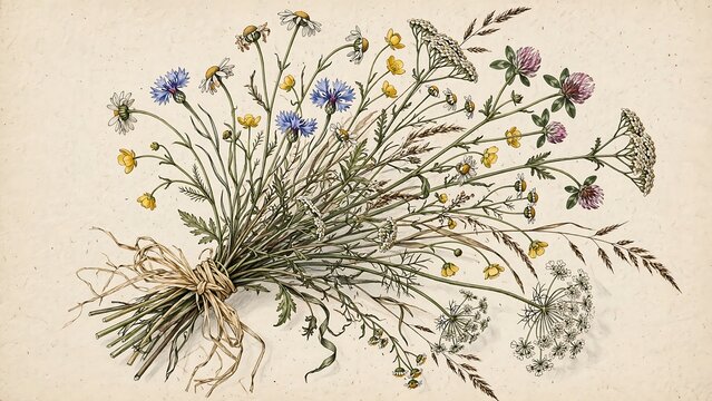 Bunch of wildflowers loosely tied together with natural raffia twine, botanical illustration