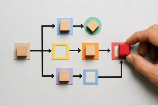 Wooden blocks and arrows forming a business workflow diagram with hand placing a red block