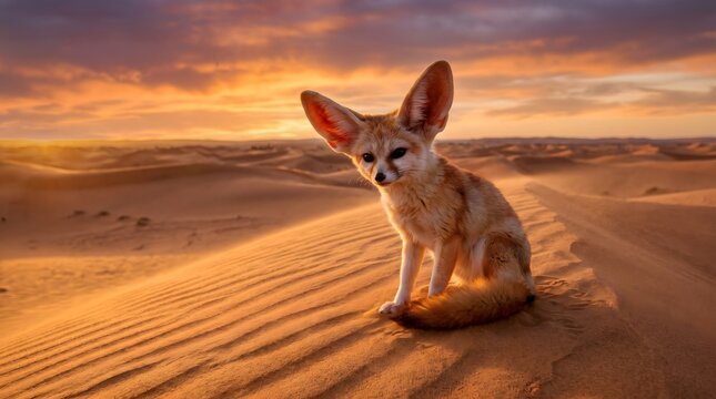 Fennec Fox Sitting Among Golden Sahara Dunes at Sunset