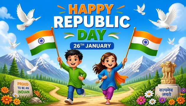 happy republic day India 26th January. a man and girl running with Indian flag. vector illustration design