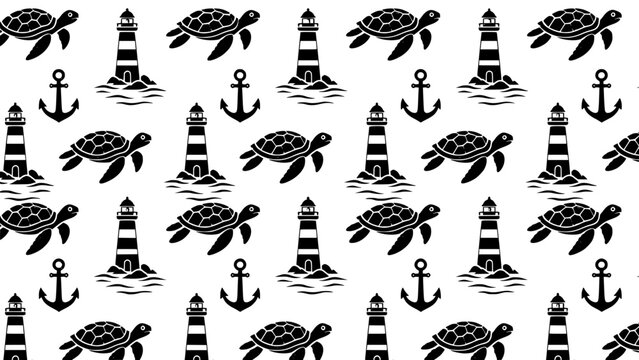 Marine pattern with lighthouse anchor and sea turtle silhouettes for coastal decoration and fabric print vector.