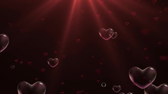 Floating transparent hearts background with red light rays and bubbles for romantic celebrations with filled floating translucent
