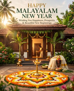 Happy malayalam new year celebration with traditional pookalam with floral pookalam brass