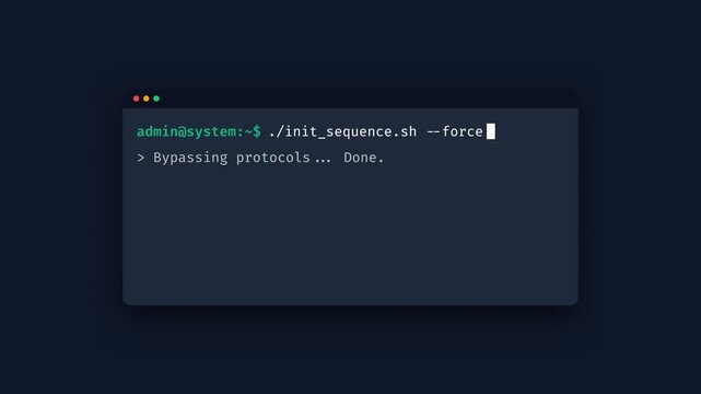 Command line interface executing a script, displaying system access, representing cybersecurity and hacking, cinematic sequence.