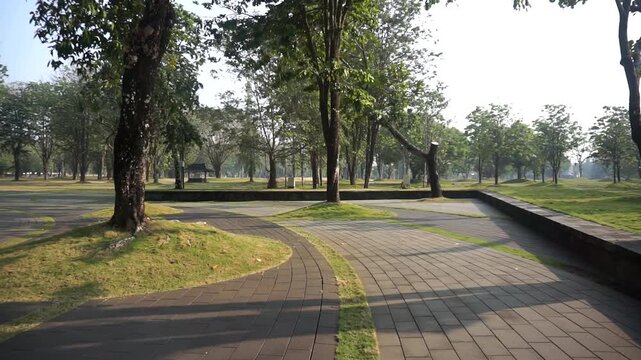 Paved block walkway in a city park surrounded by lush green trees with morning sunlight shadows.