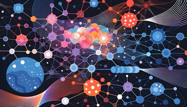 Abstract digital network background with glowing connected nodes and data visualization elements for technology and science concepts