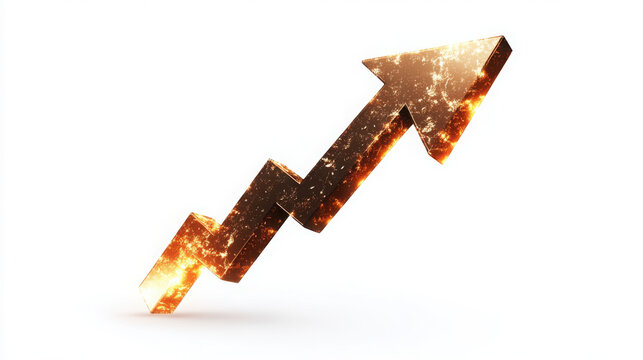 Metallic upward growth arrow icon on transparent background