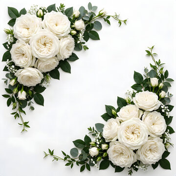 Luxury White Rose Corner Border with Leaves on White Background