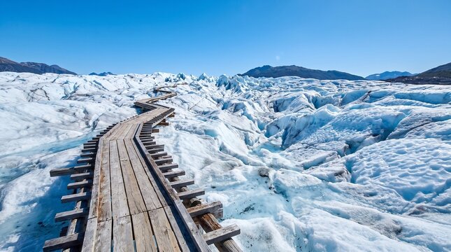 Wooden Boardwalk Path Leading Across a Massive Blue Glacier under Clear Blue Sky